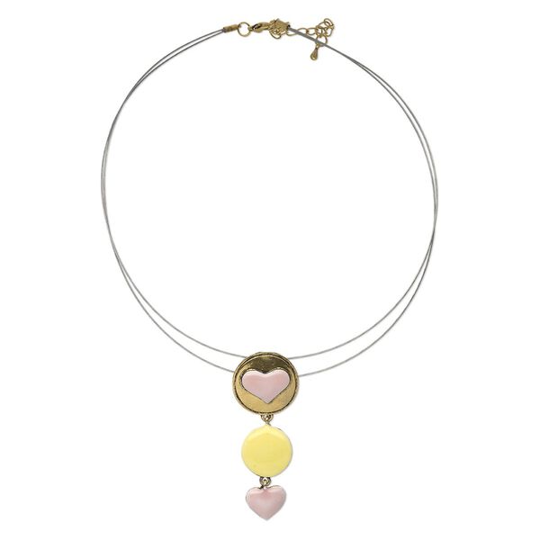 Necklace, 2-strand, antiqued gold-finished "pewter" (zinc-based alloy) and steel, yellow and pink, 68x26mm heart and circle dangle, 16 inches with lobster claw clasp and 3-inch extender chain. Sold individually. image number 0