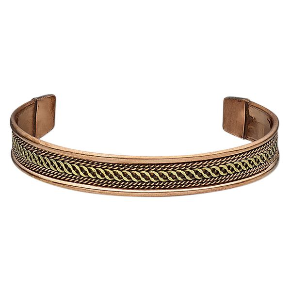 Bracelet, cuff, antiqued copper and brass, 11mm wide with twisted wire and wave design, 8 inches. Sold individually. image number 0