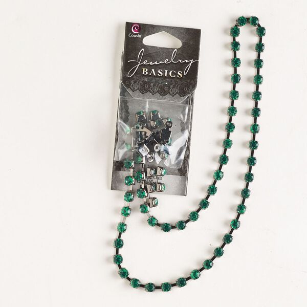 Cupchain, imitation rhodium-finished brass and glass, green, 4mm wide, 18 inches with (8) connectors. Sold individually. image number 0