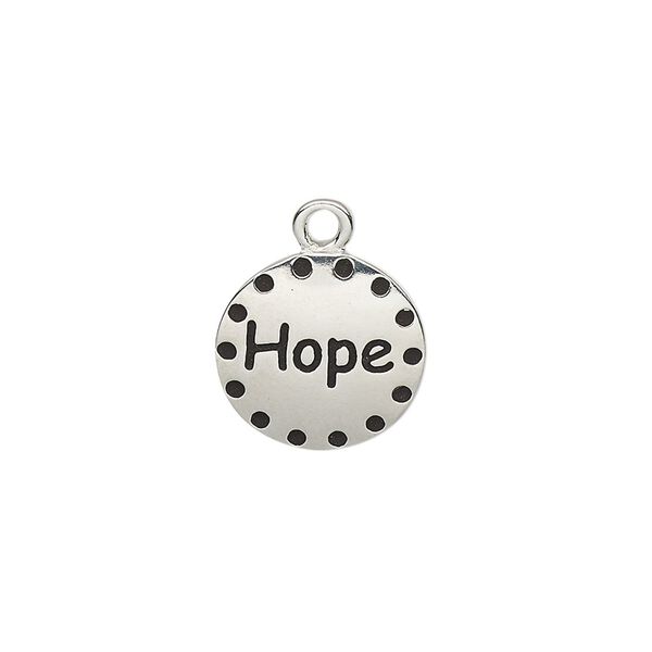 Drop, enamel and imitation rhodium-plated "pewter" (zinc-based alloy), black, 14.5mm single-sided round with "Hope." Sold individually. image number 0