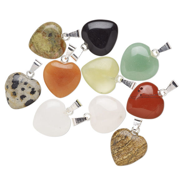 Pendant mix, gemstone (natural) with gold-finished or silver-plated brass, 15x15mm heart. Sold per pkg of 10. image number 0