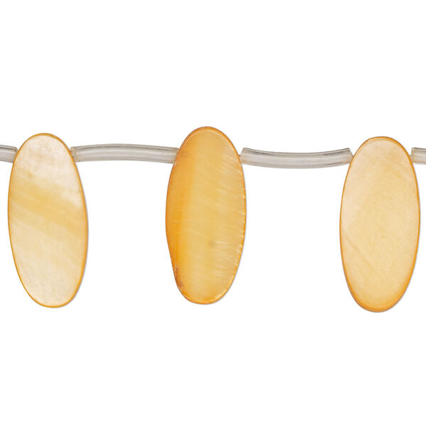 Bead, mother-of-pearl shell (dyed), orange, 18x6mm-19x7mm top-drilled flat oval, Mohs hardness 3-1/2. Sold per 14-inch strand, approximately 20 beads. image number 0