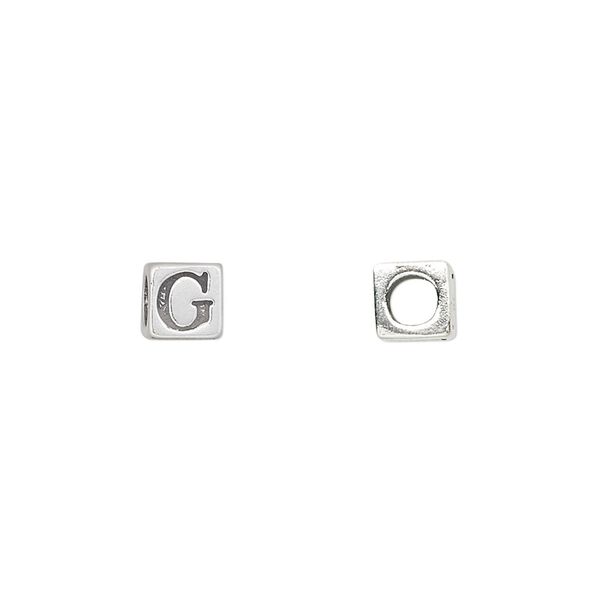 Bead, sterling silver, 5.5mm cube with alphabet letter "G." Sold individually. image number 0