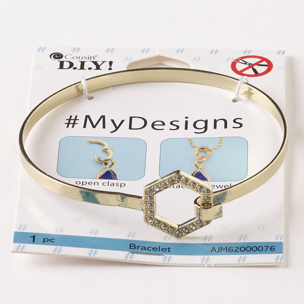Bracelet, bangle, steel and glass, pkg/1, gold finish and clear, 8 inches with 20mm hexagon and hook clasp. image number 0