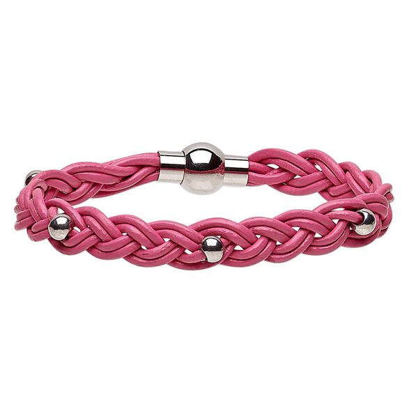 Bracelet, leather (dyed) and stainless steel, pink, 11mm wide braided with 5mm round, 7 inches with magnetic clasp. Sold individually. image number 0