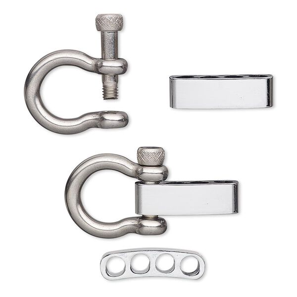 Clasp, adjustable anchor shackle, chrome-plated stainless steel and brass, 50x26mm with 4 holes, 5.5mm inside diameter. Sold individually. image number 0