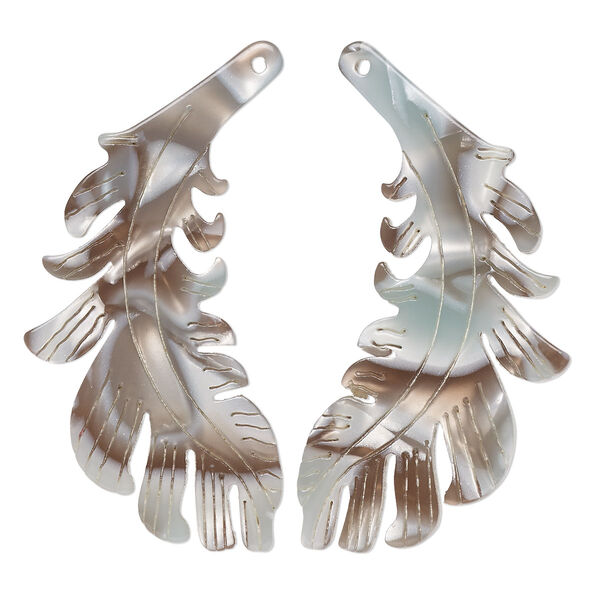 Focal, resin, grey and brown, 46x25mm single-sided left and right-facing carved feather. Sold per pair. image number 0