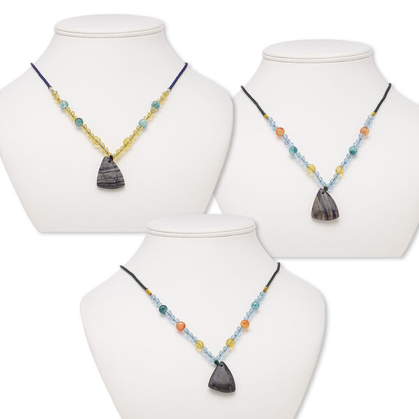 Multi-gemstone / acrylic / glass 1pkg3, triangle pendant necklace mix continuous loop 20 inch 30x26x20mm-30x28x21mm image number 0