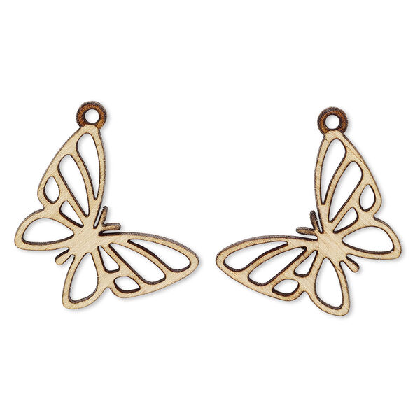 Drop, wood (natural), 26x25mm single-sided left- and right-facing butterfly with cutout design. Sold per pkg of 2. image number 0