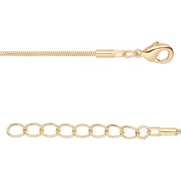 Chain, gold-finished brass, 1mm snake, 18 inches with 1-1/4 inch extender chain and lobster claw clasp. Sold per pkg of 4. image number 0