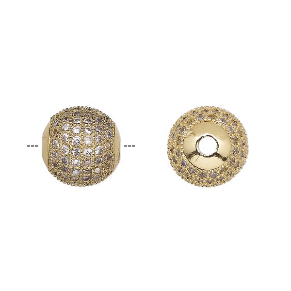 Bead, cubic zirconia and gold-finished brass, clear, 11.5mm textured round. Sold individually. image number 0