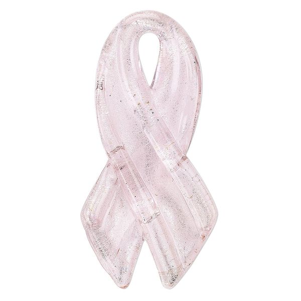 Focal, lampworked glass, opaque pink, 56x28mm-60x28mm handmade awareness ribbon. Sold individually. image number 0