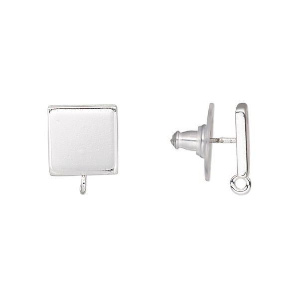 Earstud 1pkg4 silver-plated, 10mm square / open loop / comfort clutch earnuts, stainless steel / steel 2 pair image number 0