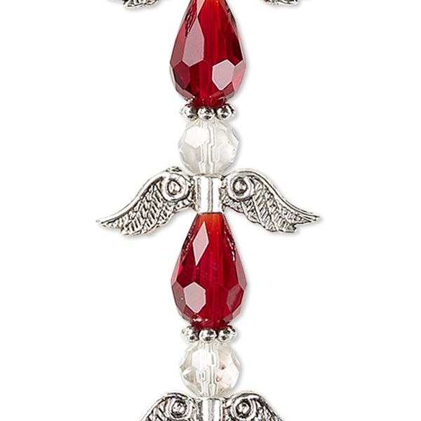 Bead, crystal and antique silver-plated "pewter" (zinc-based alloy), transparent red and clear, 23mm angel. Sold per pkg of 4. image number 0