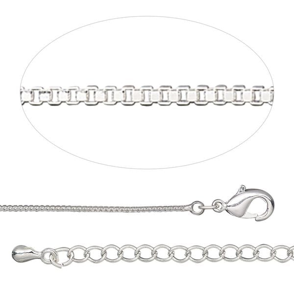 Chain, silver-plated brass, 0.8mm Venetian box, 18 inches with 2-inch extender chain and lobster claw clasp. Sold individually. image number 0