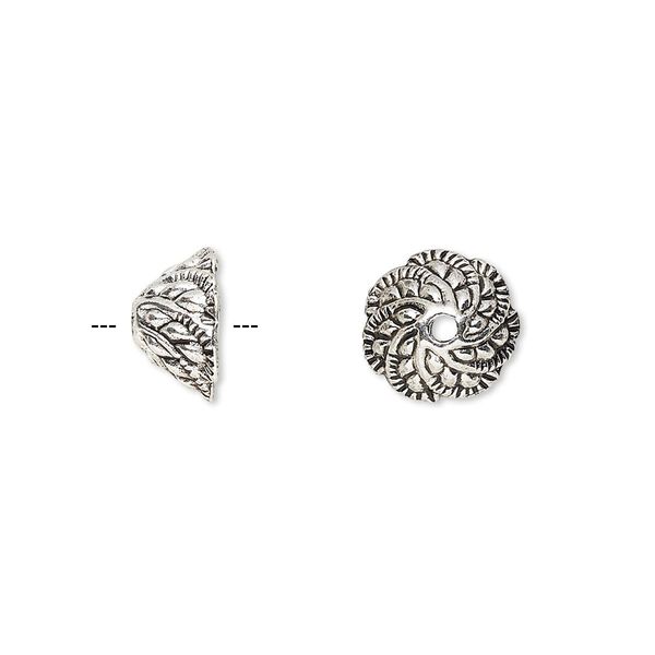 Bead cap, antique silver-finished "pewter" (zinc-based alloy), 10.5x6mm fancy leaf, fits 6-8mm bead. Sold per pkg of 20. image number 0