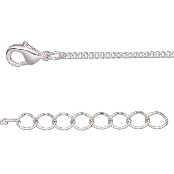 Chain, silver-plated brass, 1.5mm curb, 18 inches with 1-1/4 inch extender chain and lobster claw clasp. Sold per pkg of 4. image number 0