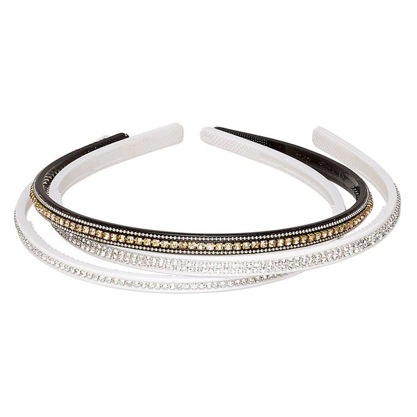 Headband, acrylic / glass rhinestone / silver- / gold-finished brass, assorted colors, 6mm and 8mm wide with cupchain, 15 inches. Sold per pkg of 3. image number 0