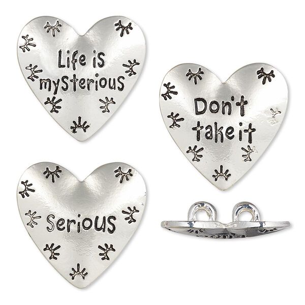 Spacer, silver-finished "pewter" (zinc-based alloy), 25x24mm 2-strand affirmation heart with sunburst "Life is mysterious" / "Don't take it" / "Serious" designs and hidden loops, fits up to 6mm bead. Sold per 3-piece set. image number 0