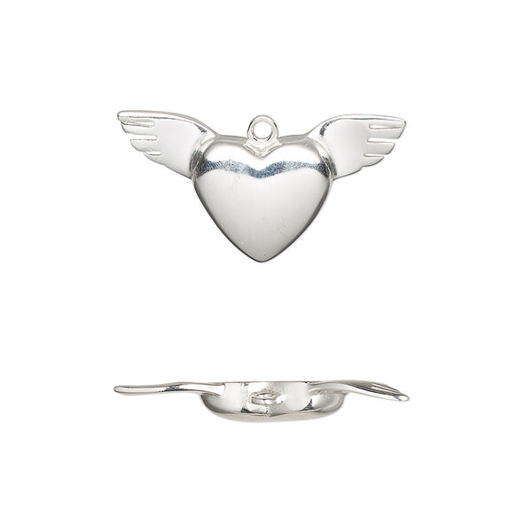 Charm, sterling silver, 24x12.5mm single-sided heart with wings. Sold individually. image number 0