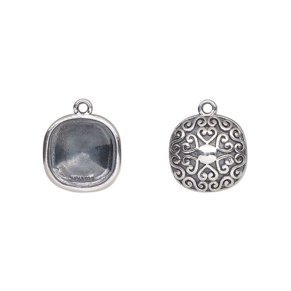 Drop, Almost Instant Jewelry®, antiqued sterling silver, 12mm rounded square with 10mm cushion setting and heart and swirl back design. Sold individually. image number 0