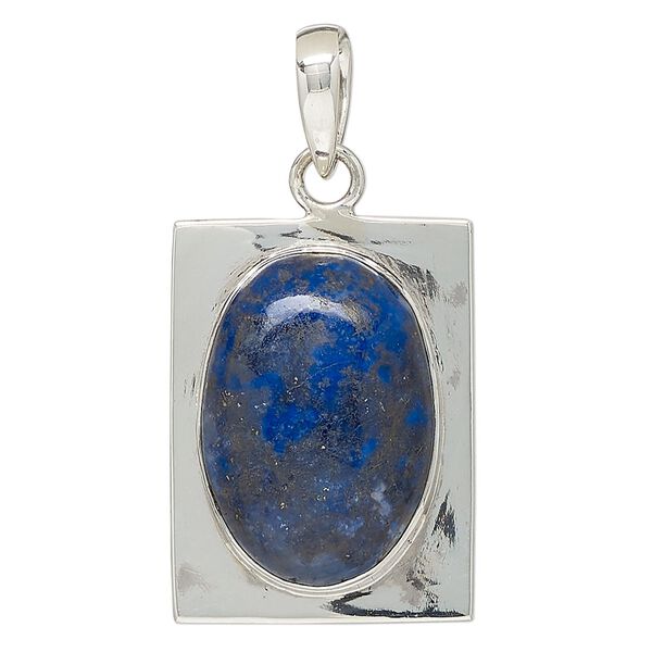 Pendant, lapis lazuli (natural) and sterling silver, 32x24mm rectangle. Sold individually. image number 0