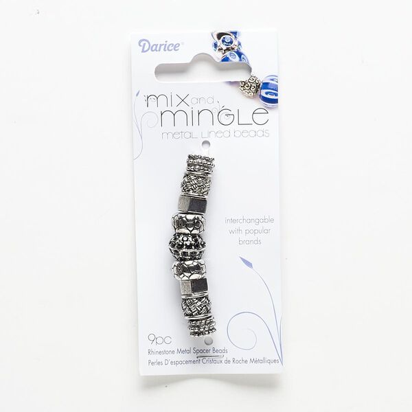 Bead, glass rhinestone and antiqued silver-finished "pewter" (zinc-based alloy), black, 10x5mm-13x9mm assorted rondelle, 5-6.5mm hole. Sold per pkg of 9. image number 0