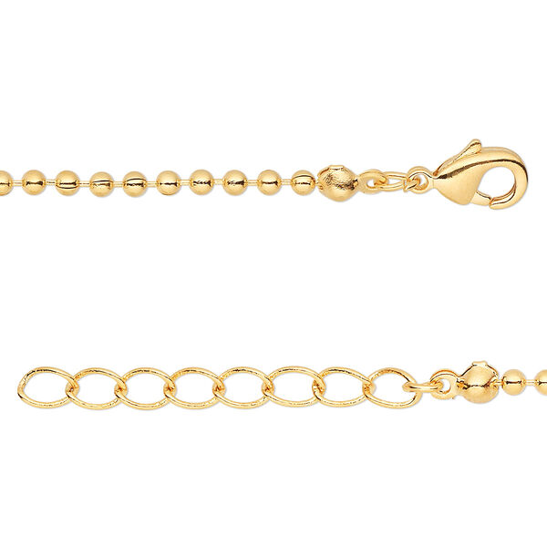 Chain, gold-finished brass, 2mm ball, 36 inches with 1-inch extender chain and lobster claw clasp. Sold per pkg of 2. image number 0