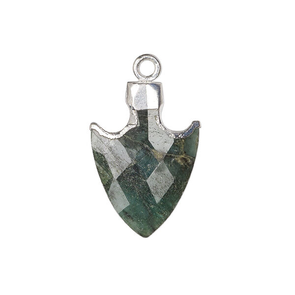 Emerald / copper / sterling silver 1pkg1, silver-plated hand-cut faceted arrowhead drop C grade, 20x14mm image number 0