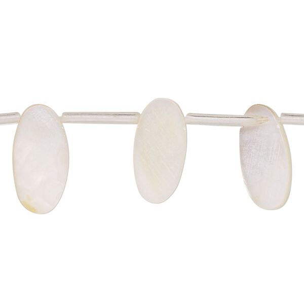 Bead, mother-of-pearl shell (bleached), white, 15x5mm-16x7mm top-drilled flat oval, Mohs hardness 3-1/2. Sold per 15-inch strand, approximately 25 beads. image number 0