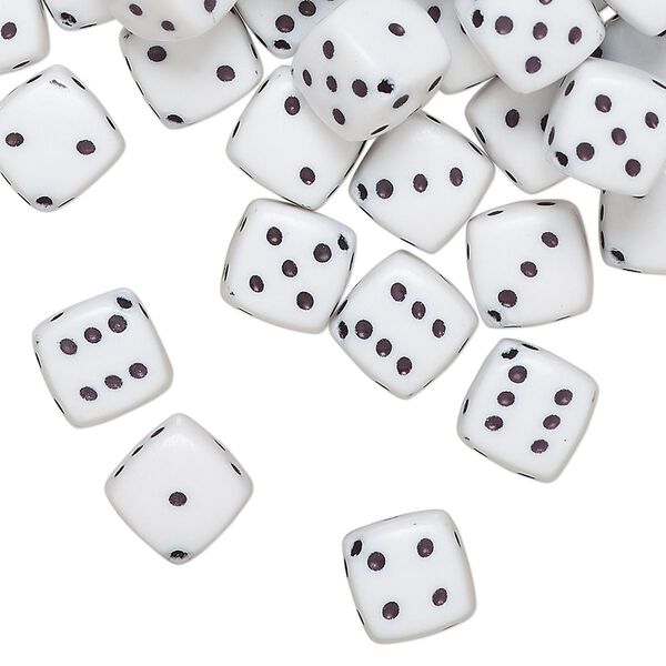Bead, acrylic, opaque white and black, 8.5mm diagonally drilled six-sided dice, approximately 10mm stringing length. Sold per pkg of 100. image number 0