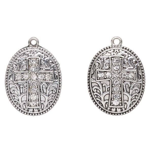 Drop, antique silver-finished "pewter" (zinc-based alloy) and glass, clear, 26x20mm oval with cross and beaded edge. Sold per pkg of 2. image number 0