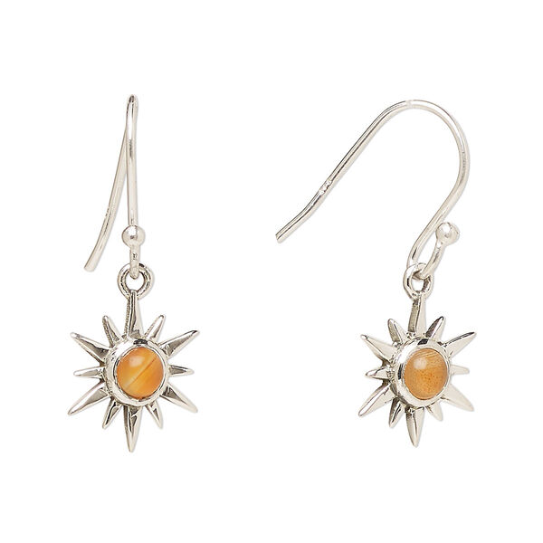 Ear wire, Create Compliments®, antiqued sterling silver and carnelian (dyed/heated), fishhook, 27mm with 12mm single-sided star, 21 gauge. Sold per pair. image number 0
