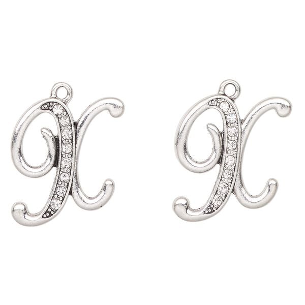 Charm, antique silver-finished "pewter" (zinc-based alloy) and glass, clear, 24x23mm letter "X". Sold per pkg of 2. image number 0