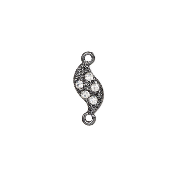 Link, gunmetal-finished "pewter" (zinc-based alloy) and glass, clear, 13x7mm double-sided wave. Sold individually. image number 0