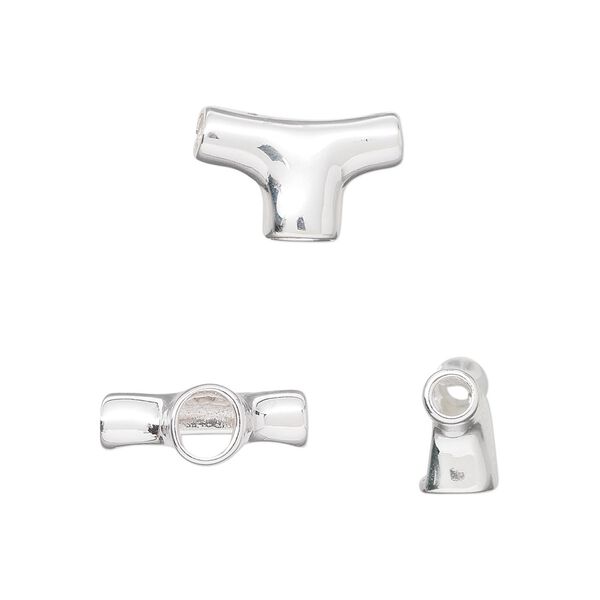 Bead, sterling silver, 15x9x6mm T-shape, two holes with 3mm diameter/one hole with 4mm diameter. Sold individually. image number 0