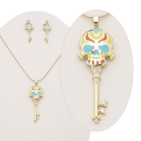 Necklace and earring set, enamel / Czech glass rhinestone / gold-plated brass, multicolored, 63x24mm skull key, 15" to 16" necklace with 2-inch extender chain and lobster claw clasp, 2-inch earrings with post. Sold per set. image number 0