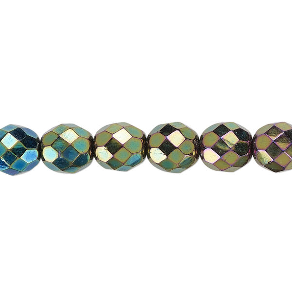 Bead, Czech fire-polished glass, opaque iris green, 8mm faceted round. Sold per 15-1/2" to 16" strand. image number 0