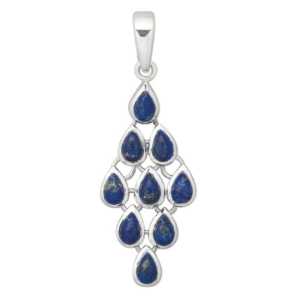 Pendant, sterling silver and lapis lazuli (natural), 38x19mm diamond, 8x6mm teardrop. Sold individually. image number 0