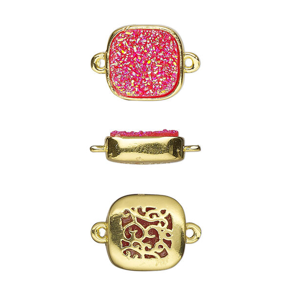 Link, Druzylite™, "druzy" (resin) and gold-finished brass, hot pink, 11.5mm two-sided square with open filigree back. Sold per pkg of 4. image number 0