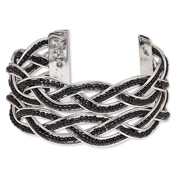 Bracelet, cuff, glass and silver-plated steel, black, 35mm wide with braided design, adjustable from 6-7 inches. Sold individually. image number 0