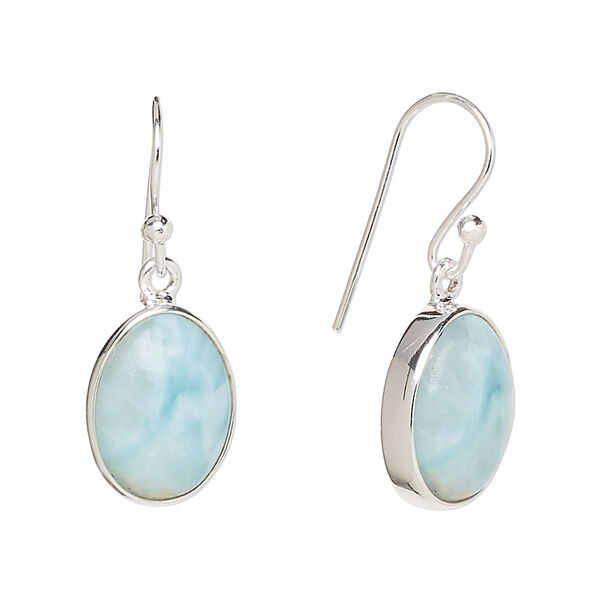 Earring, larimar (natural) and sterling silver, 33mm with oval and fishhook ear wire, 21 gauge. Sold per pair. image number 0