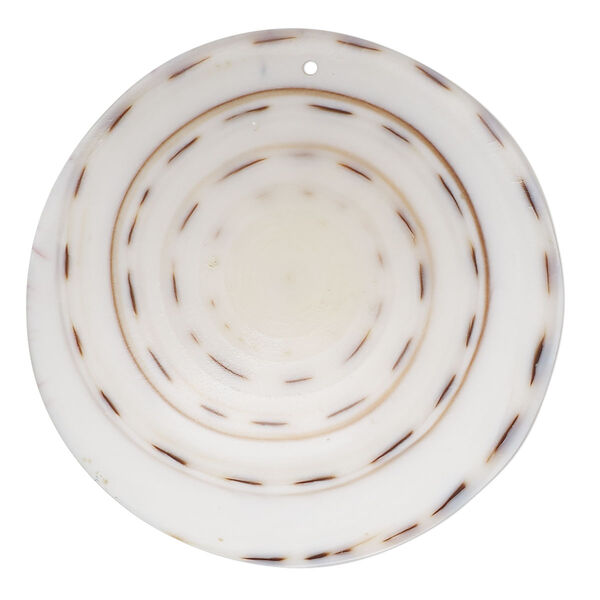 Focal, lettered cone shell (natural), white, 40mm top-drilled round, Mohs hardness 3-1/2. Sold individually. image number 0