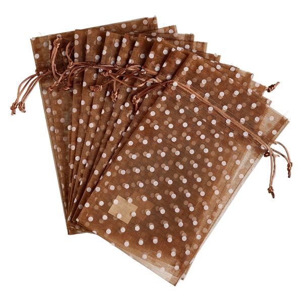 Pouch, flocked organza, copper and white, 10x6 inches with dots pattern and drawstring closure. Sold per pkg of 12. image number 0