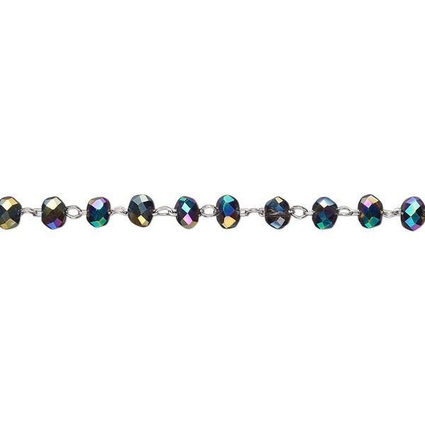 Chain, glass and stainless steel, metallic rainbow, 3.5mm faceted rondelle. Sold per pkg of 1 yard. image number 0
