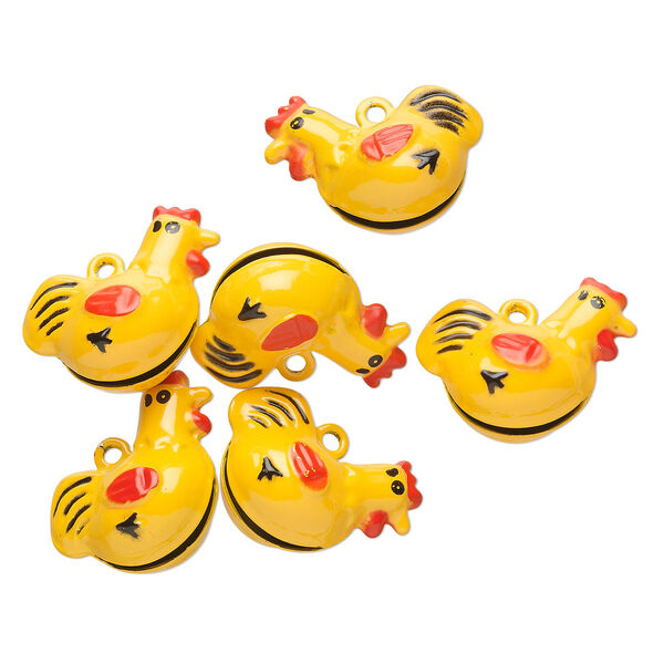 Bell, brass and enamel, black / red / yellow, 25x21mm chicken. Sold per pkg of 6. image number 0