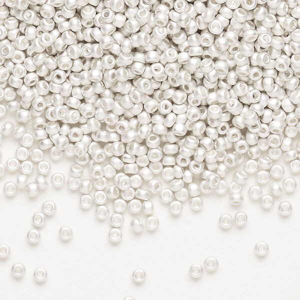 Seed bead, Miyuki, glass, pkg/250g, #11 rocaille, opaque silver-plated matte, (RR-961F). image number 0