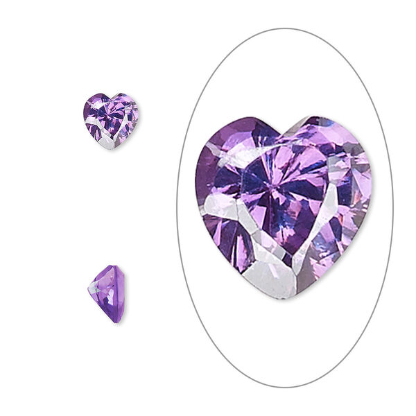 Gem, cubic zirconia, amethyst purple, 6mm faceted heart, Mohs hardness 8-1/2. Sold per pkg of 2. image number 0