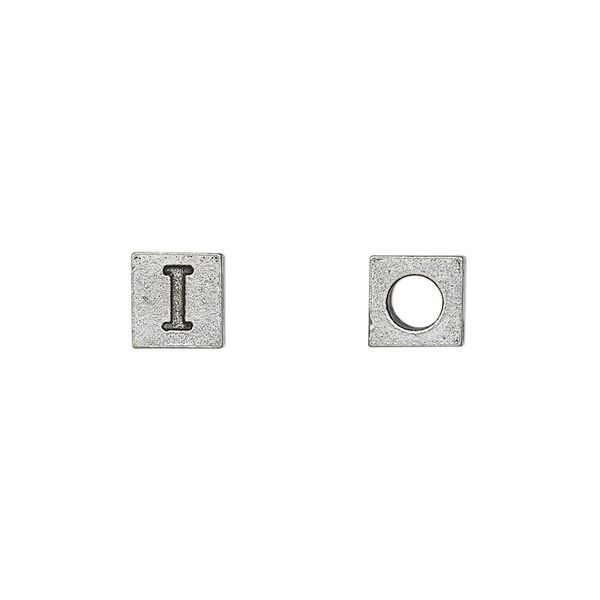 Bead, antiqued pewter (tin-based alloy), 7mm cube with Greek letter, IOTA. Sold per pkg of 4. image number 0