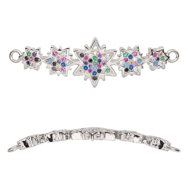 Focal, cubic zirconia and silver-plated brass, multicolored, 35.5x12mm single-sided curved stars. Sold individually. image number 0